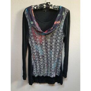 Cativa Womens Scarf Attached Blouse Top Small Drape Black Long Sleeve Casual